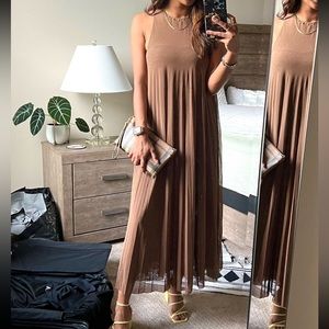 Vince light brown high neck midi pleated flowy dress